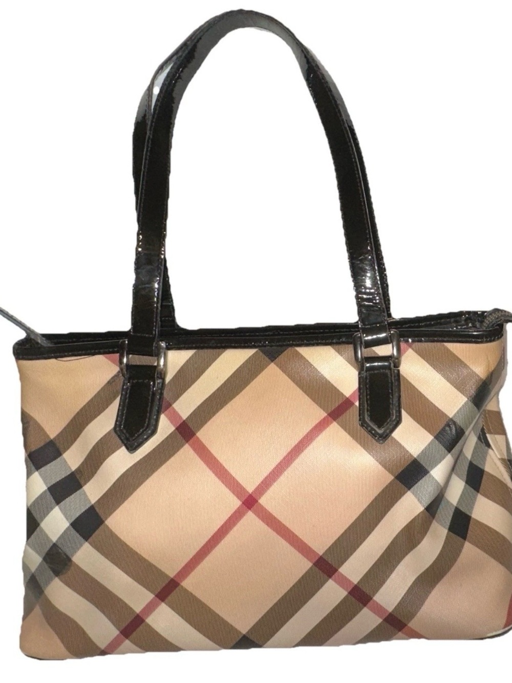 Burberry Beige Plaid Tote with Black Patent Handles